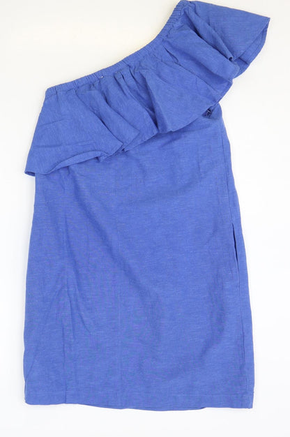 Warehouse Womens Blue Cotton Tank Dress Size 10 One Shoulder Zip