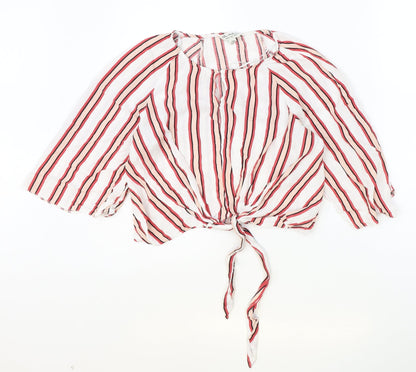 Miss Selfridge Womens Multicoloured Striped Viscose Cropped Blouse Size 8 Round Neck - Knot Front