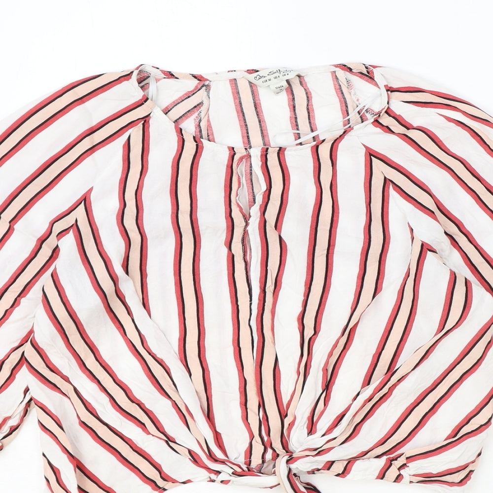 Miss Selfridge Womens Multicoloured Striped Viscose Cropped Blouse Size 8 Round Neck - Knot Front