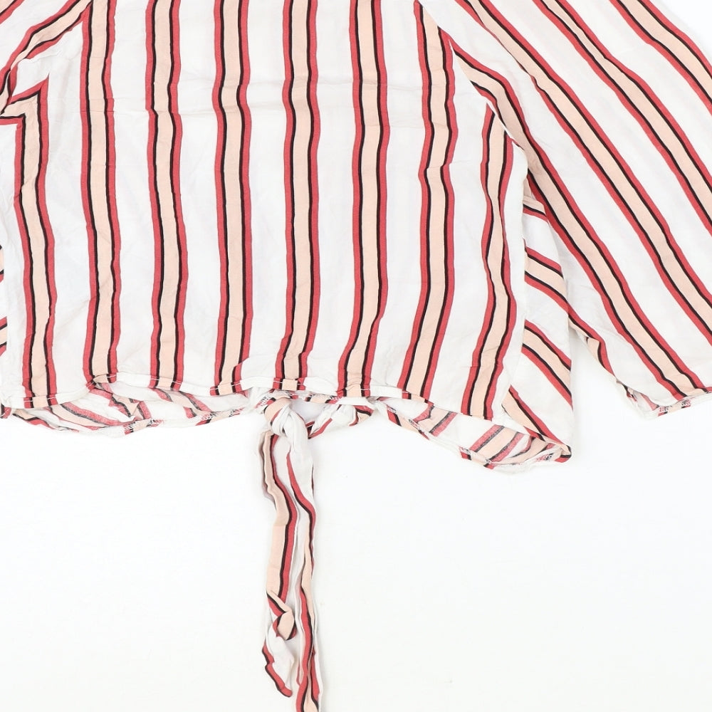 Miss Selfridge Womens Multicoloured Striped Viscose Cropped Blouse Size 8 Round Neck - Knot Front