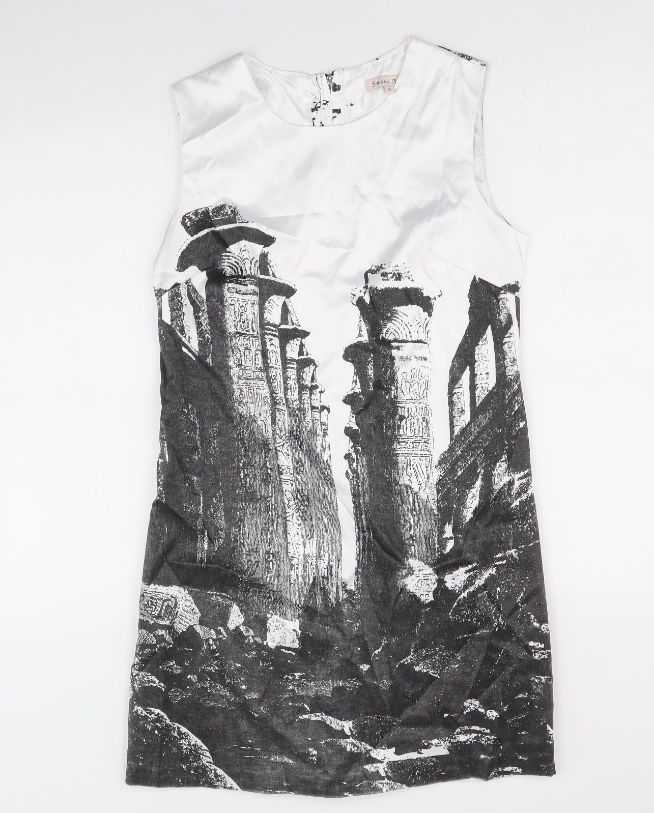 Sweet Miss Womens White Geometric Cotton Shift Size S Scoop Neck Zip - Ruins Print