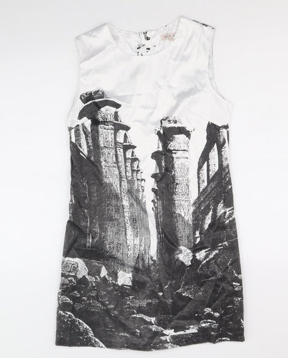 Sweet Miss Womens White Geometric Cotton Shift Size S Scoop Neck Zip - Ruins Print