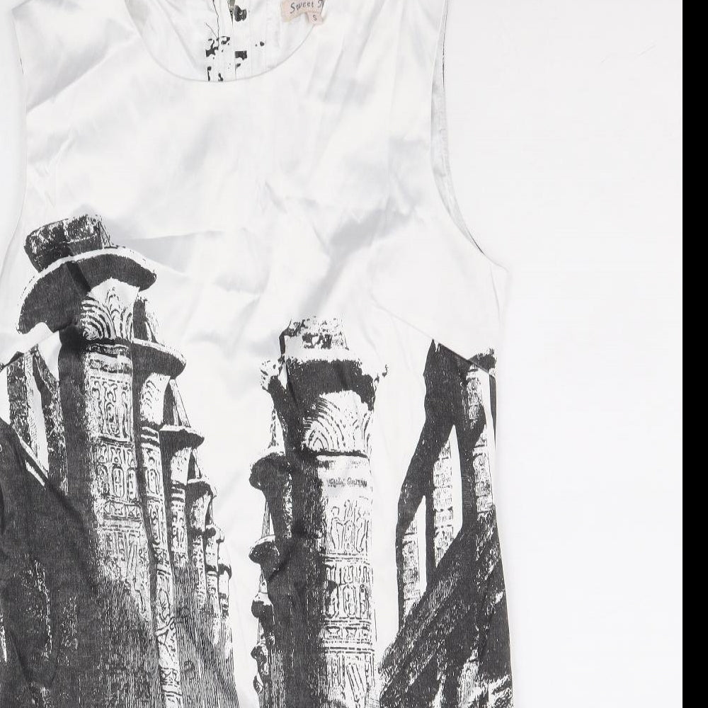 Sweet Miss Womens White Geometric Cotton Shift Size S Scoop Neck Zip - Ruins Print