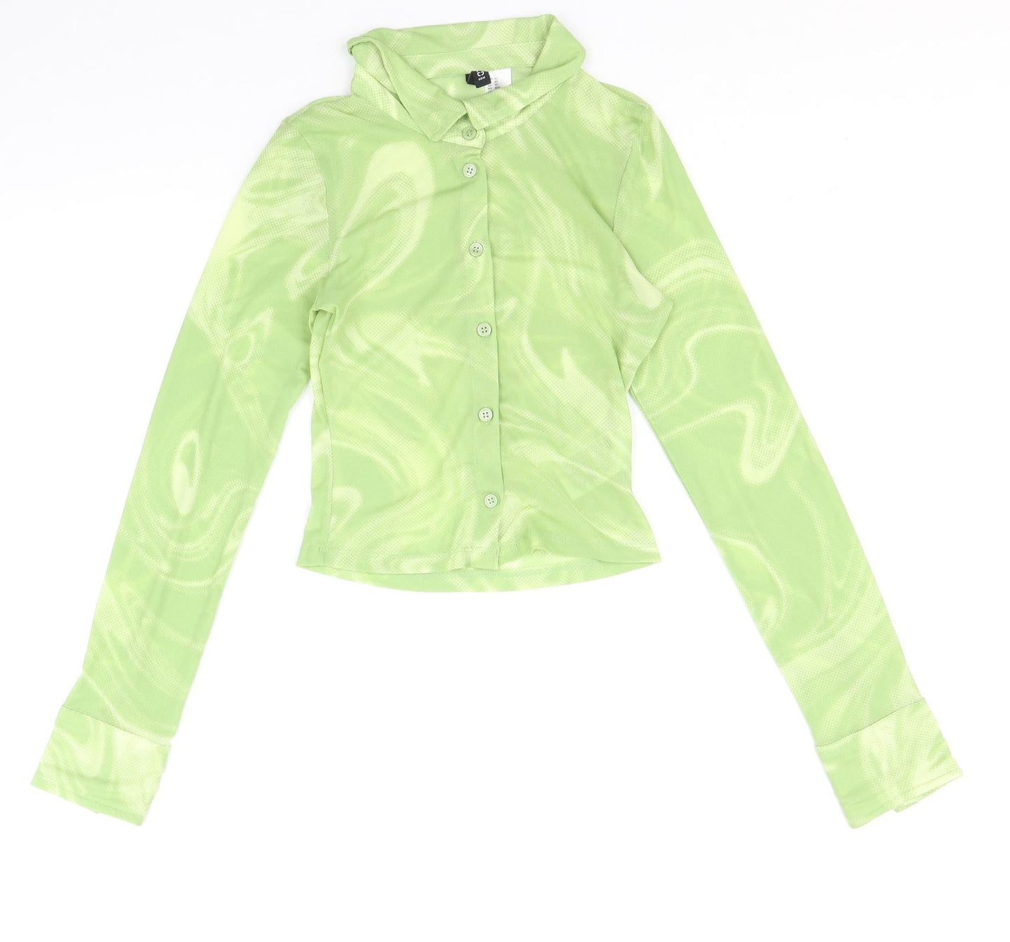 Divided by H&M Womens Green Geometric Polyester Basic Button-Up Size XS Collared