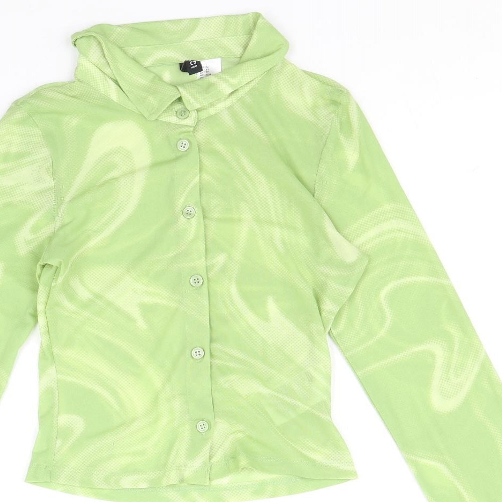 Divided by H&M Womens Green Geometric Polyester Basic Button-Up Size XS Collared