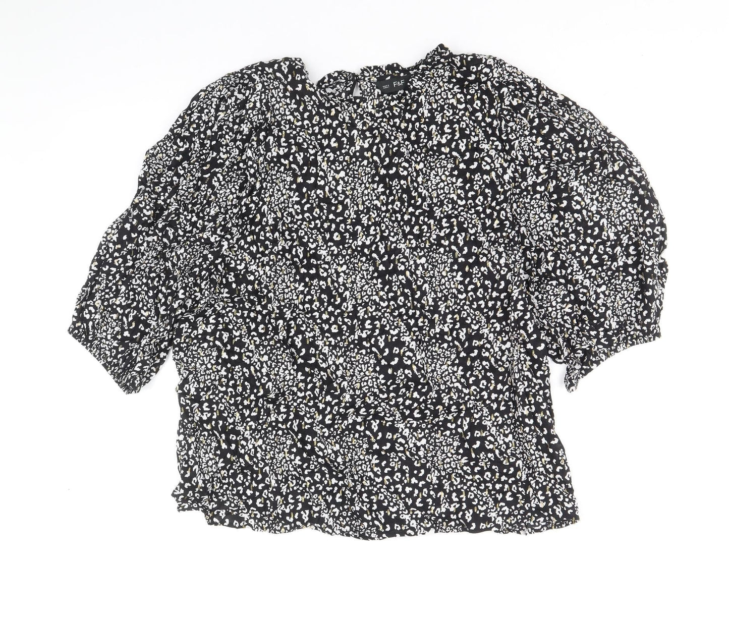 F&F Womens Black Animal Print Viscose Basic Blouse Size 10 Round Neck - Leopard Pattern