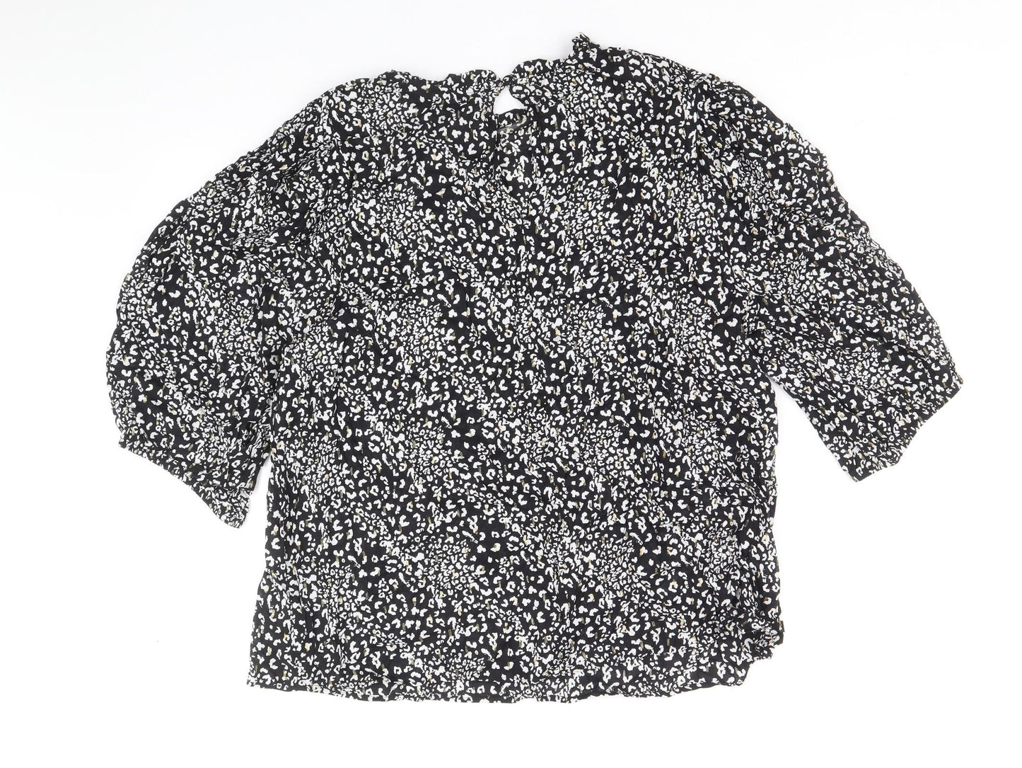 F&F Womens Black Animal Print Viscose Basic Blouse Size 10 Round Neck - Leopard Pattern