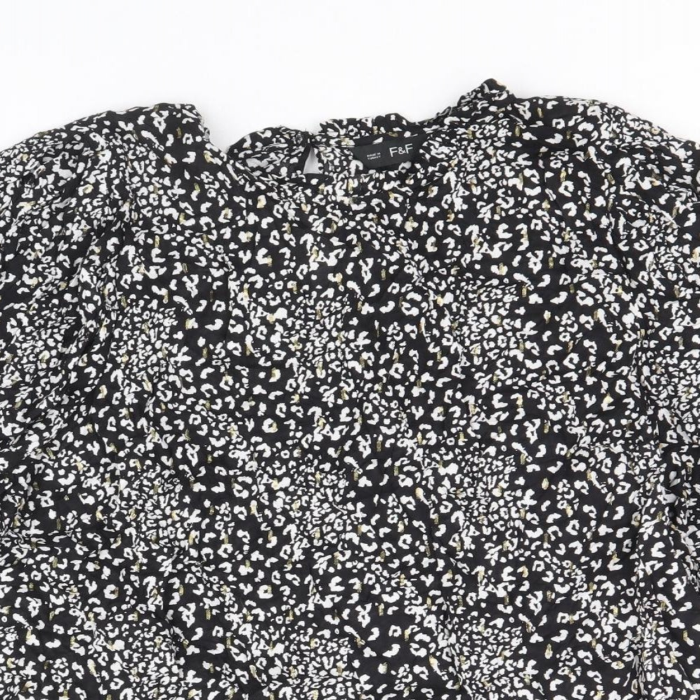 F&F Womens Black Animal Print Viscose Basic Blouse Size 10 Round Neck - Leopard Pattern