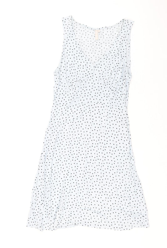 Pieces Womens Blue Polka Dot Viscose A-Line Size XS V-Neck Zip