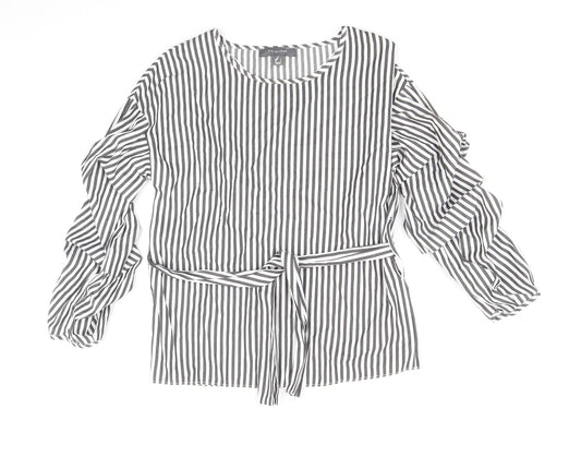 Primark Womens Grey Striped Polyester Basic Blouse Size 6 Round Neck