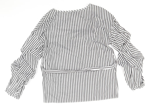 Primark Womens Grey Striped Polyester Basic Blouse Size 6 Round Neck