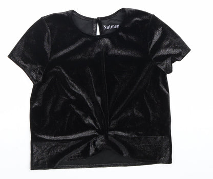 Nutmeg Girls Black Viscose Basic T-Shirt Size 11-12 Years Round Neck Button