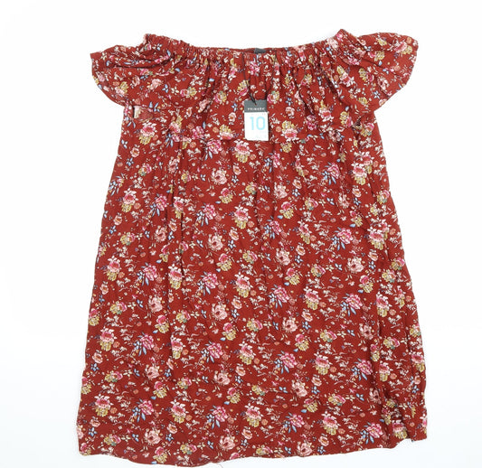 Primark Womens Brown Floral Viscose Trapeze & Swing Size 10 Off the Shoulder Pullover