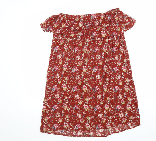 Primark Womens Brown Floral Viscose Trapeze & Swing Size 10 Off the Shoulder Pullover