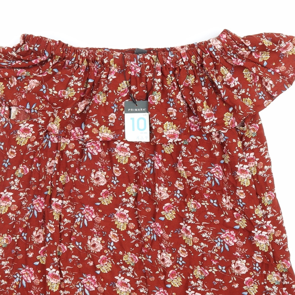 Primark Womens Brown Floral Viscose Trapeze & Swing Size 10 Off the Shoulder Pullover