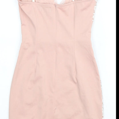 PRETTYLITTLETHING Womens Pink Geometric Polyester Bodycon Size 8 V-Neck Zip