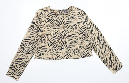 Primark Womens Beige Animal Print Polyester Cropped Blouse Size 14 Round Neck - Tiger Pattern