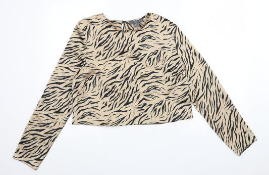 Primark Womens Beige Animal Print Polyester Cropped Blouse Size 14 Round Neck - Tiger Pattern