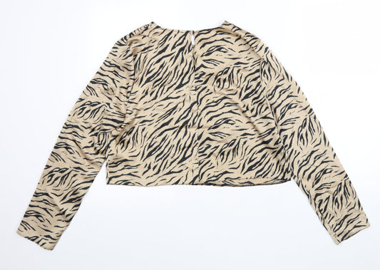 Primark Womens Beige Animal Print Polyester Cropped Blouse Size 14 Round Neck - Tiger Pattern