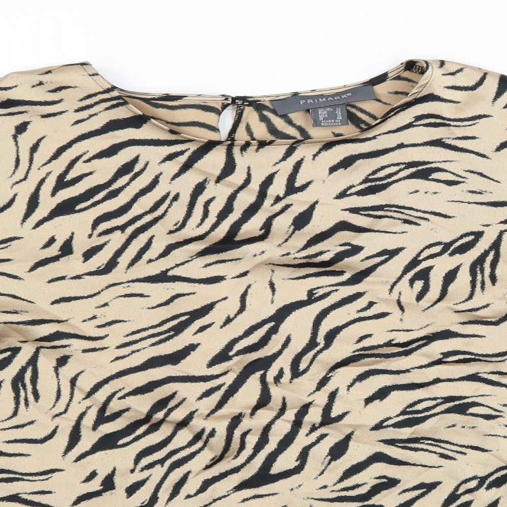 Primark Womens Beige Animal Print Polyester Cropped Blouse Size 14 Round Neck - Tiger Pattern