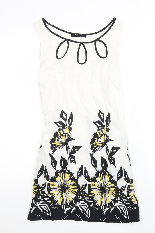 Moda Womens White Cotton A-Line Size 12 Round Neck Tie - Flower Detail