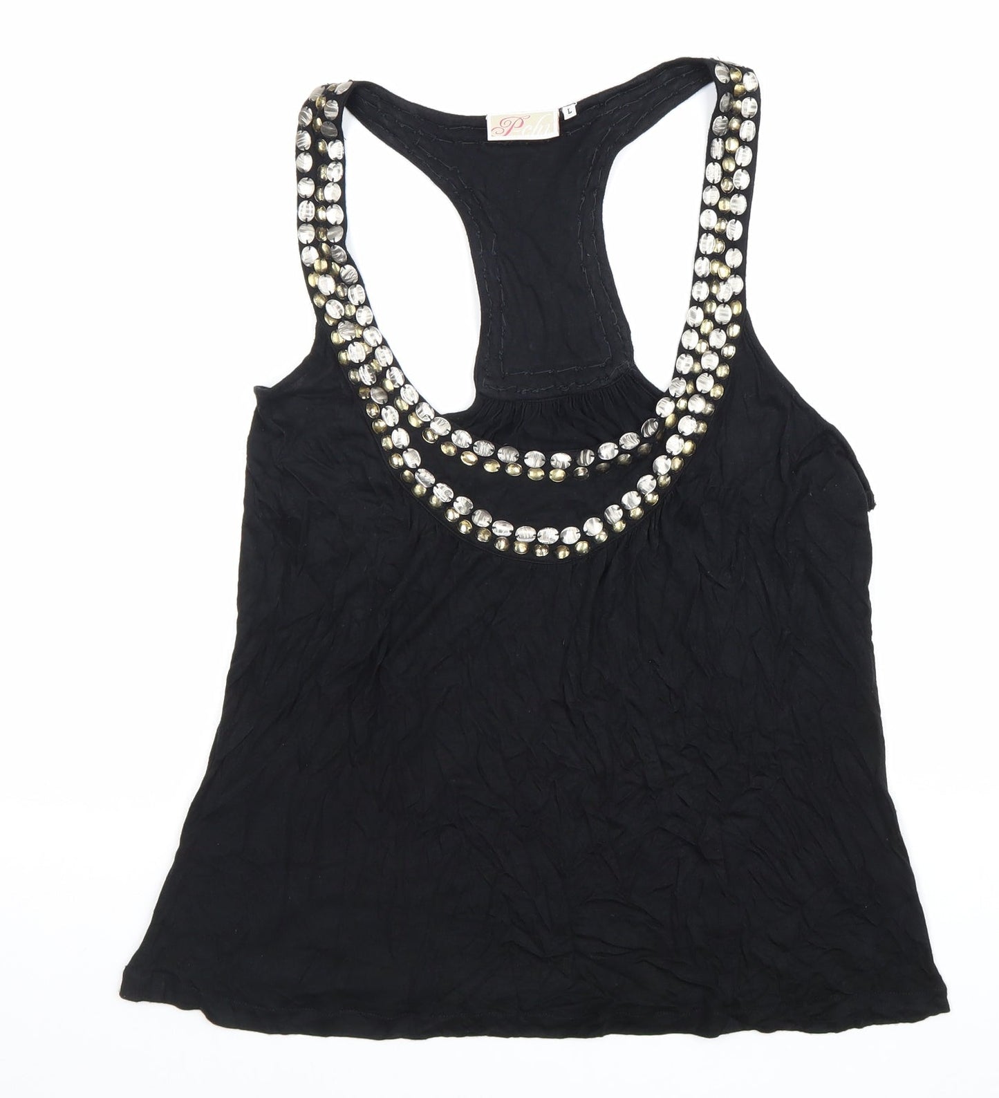 P-Chi Womens Black Viscose Basic Tank Size L Round Neck