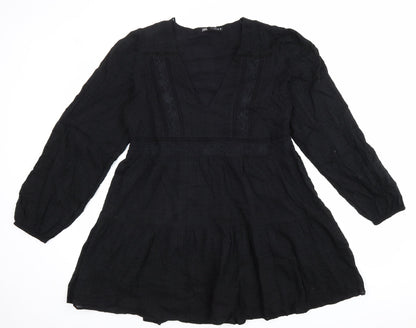 Zara Womens Black 100% Cotton Fit & Flare Size M V-Neck Zip