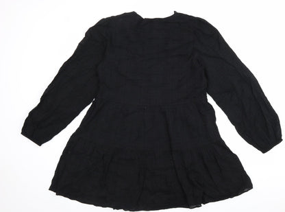 Zara Womens Black 100% Cotton Fit & Flare Size M V-Neck Zip