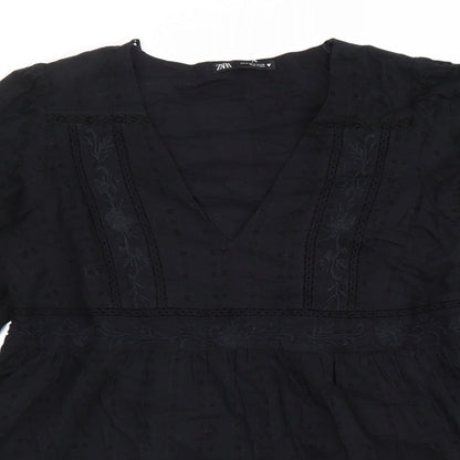 Zara Womens Black 100% Cotton Fit & Flare Size M V-Neck Zip