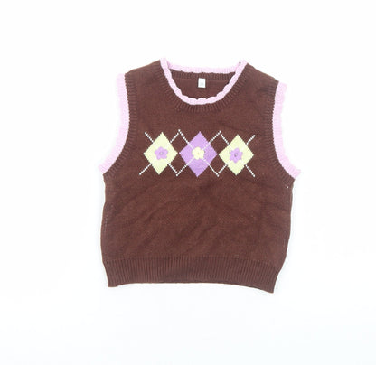 Preworn Girls Brown Round Neck Viscose Vest Jumper Size S Pullover