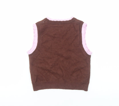 Preworn Girls Brown Round Neck Viscose Vest Jumper Size S Pullover