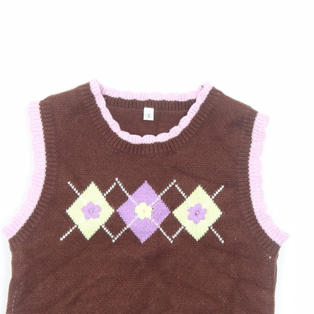 Preworn Girls Brown Round Neck Viscose Vest Jumper Size S Pullover