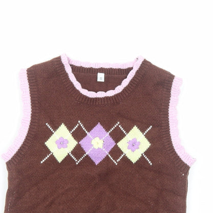 Preworn Girls Brown Round Neck Viscose Vest Jumper Size S Pullover
