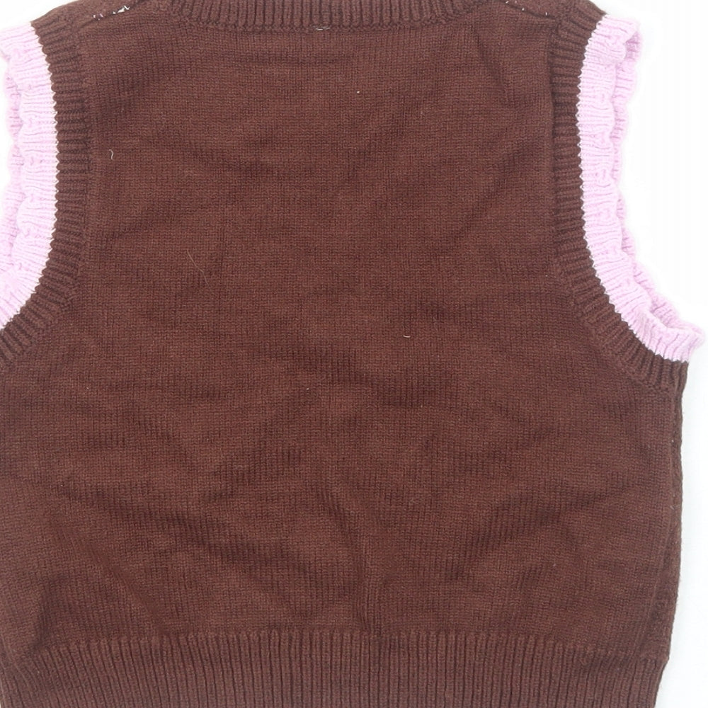 Preworn Girls Brown Round Neck Viscose Vest Jumper Size S Pullover