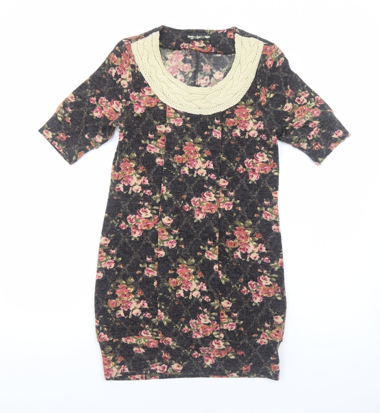 Angeltye Womens Brown Floral Cotton Jumper Dress Size M Round Neck Pullover