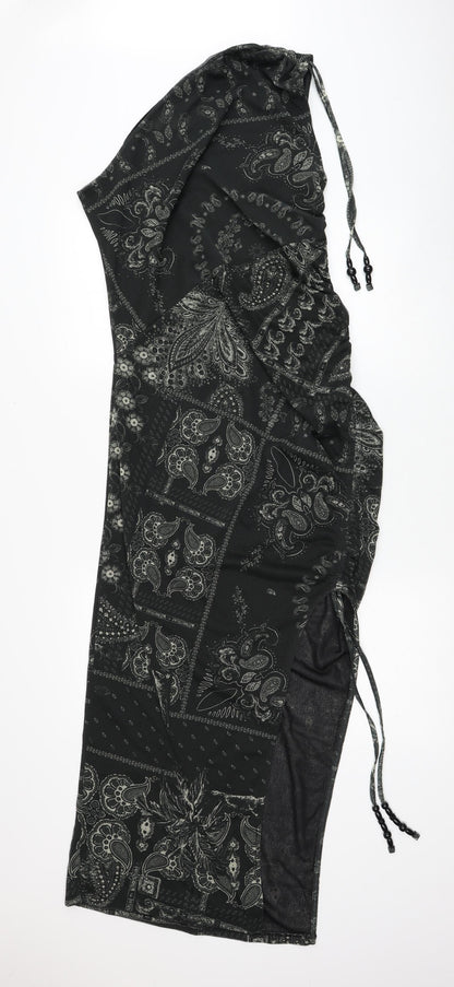 H&M Womens Black Geometric Polyester Bodycon Size L One Shoulder Pullover
