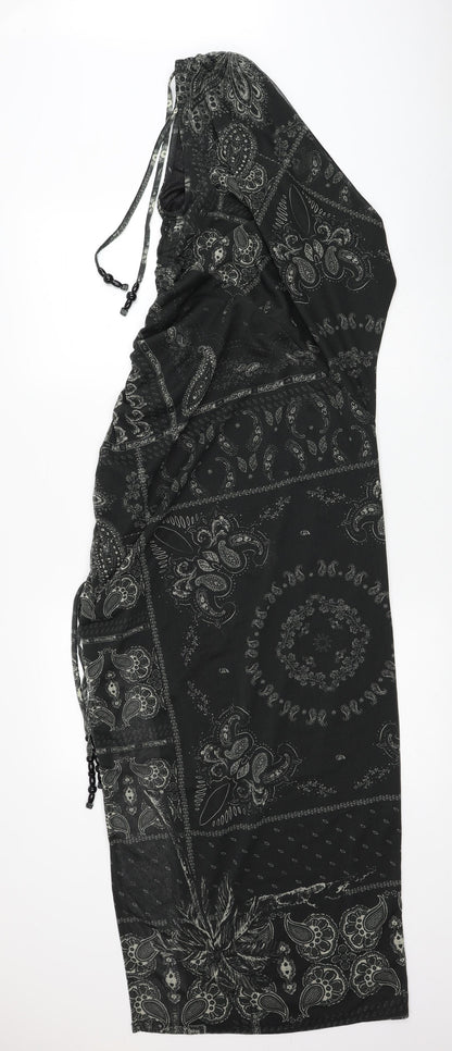 H&M Womens Black Geometric Polyester Bodycon Size L One Shoulder Pullover