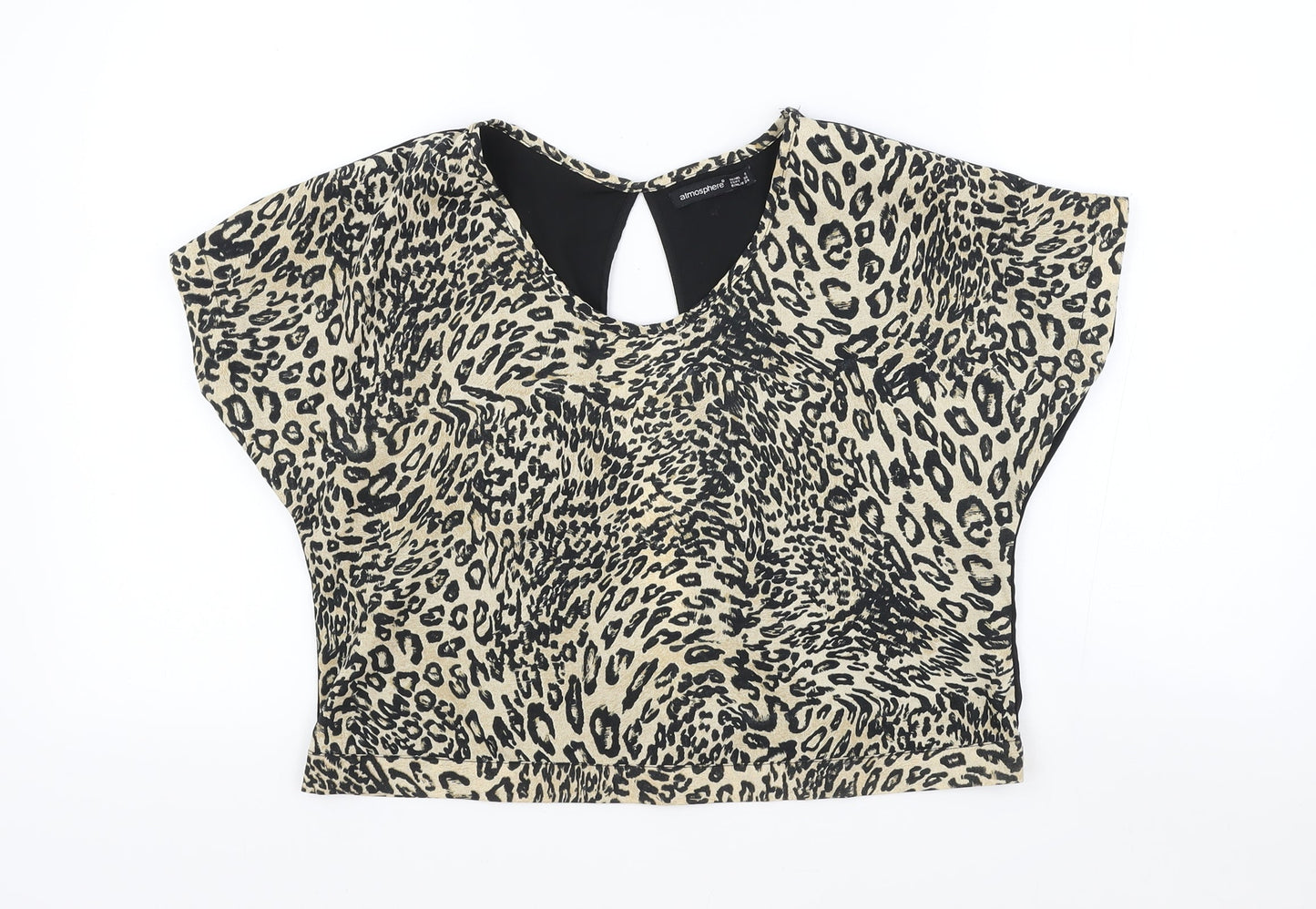 Primark Womens Brown Animal Print Polyester Cropped Blouse Size 8 Scoop Neck - Leopard Print Open Back