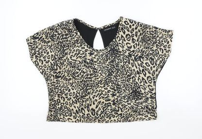Primark Womens Brown Animal Print Polyester Cropped Blouse Size 8 Scoop Neck - Leopard Print Open Back