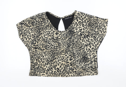 Primark Womens Brown Animal Print Polyester Cropped Blouse Size 8 Scoop Neck - Leopard Print Open Back