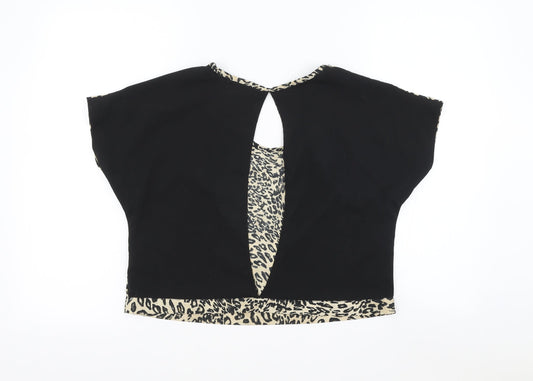Primark Womens Brown Animal Print Polyester Cropped Blouse Size 8 Scoop Neck - Leopard Print Open Back