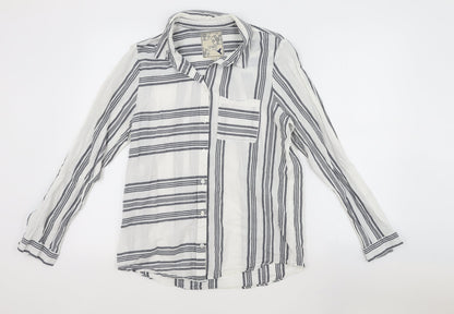 M&Co Womens Grey Striped Cotton Basic Button-Up Size 10 Collared
