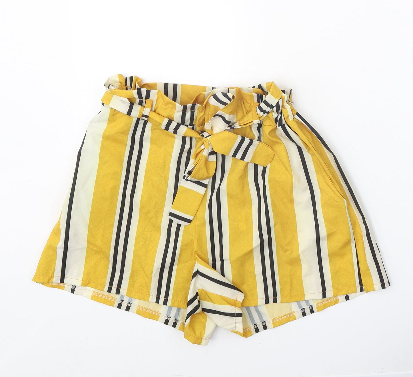 Preworn Womens Yellow Striped Polyamide Paperbag Shorts Size 23 in Regular Tie