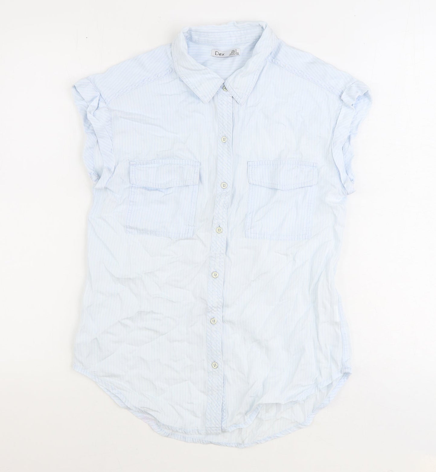 DEX Womens Blue Striped Polyester Basic Button-Up Size S Collared