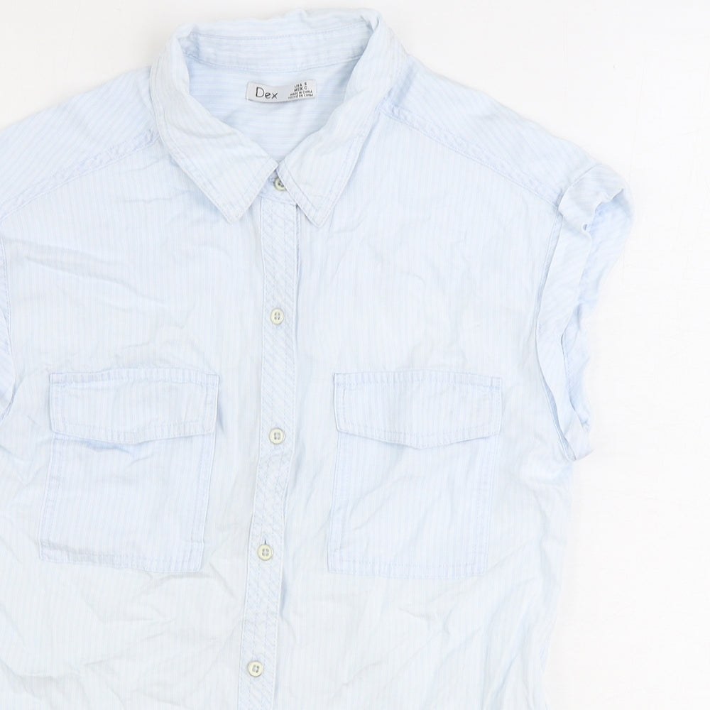 DEX Womens Blue Striped Polyester Basic Button-Up Size S Collared