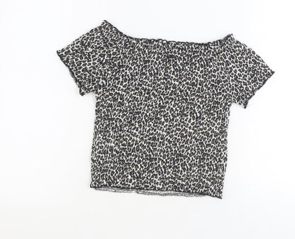 Primark Girls Brown Animal Print Polyester Basic Blouse Size 13 Years Off the Shoulder Pullover