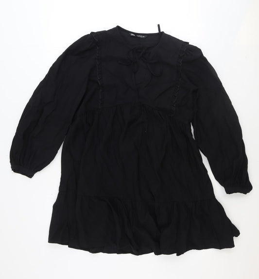 Zara Womens Black Viscose Fit & Flare Size S Round Neck Tie