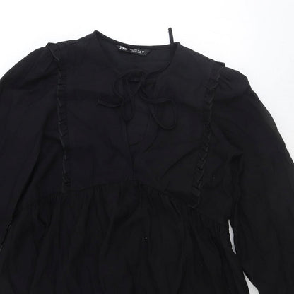 Zara Womens Black Viscose Fit & Flare Size S Round Neck Tie