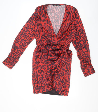 Zara Womens Red Animal Print Polyester Shift Size XS V-Neck Tie - Leopard Print