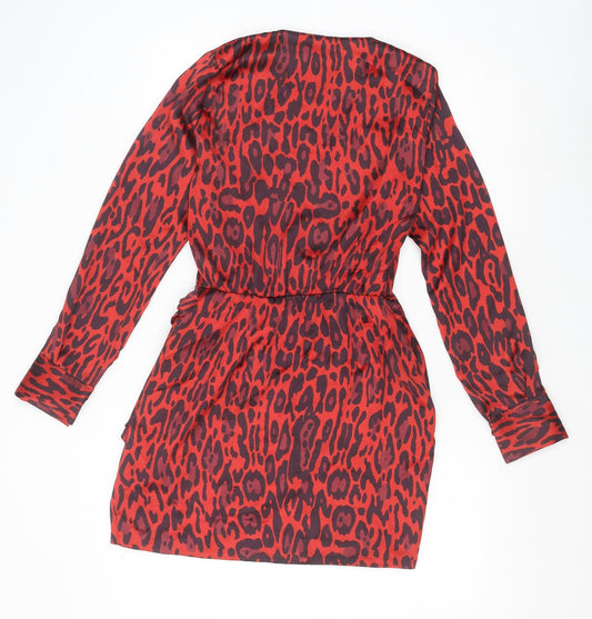 Zara Womens Red Animal Print Polyester Shift Size XS V-Neck Tie - Leopard Print